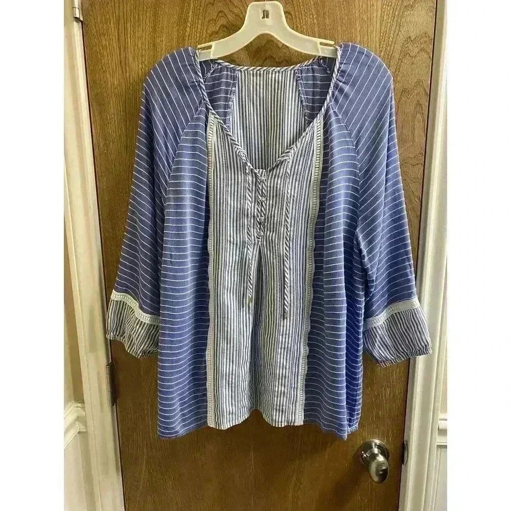 Ivanka Trump Peasant Blue Striped Blouse 3/4 Sleeve V Neck Buttons/Tassels M/L